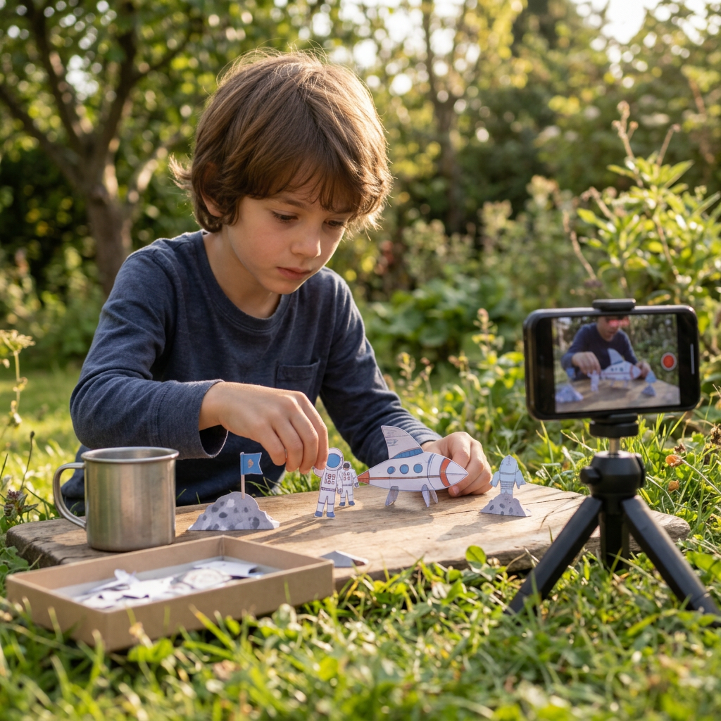 Kind arrangiert Papierfiguren für einen Stop-Motion-Film auf dem Tisch