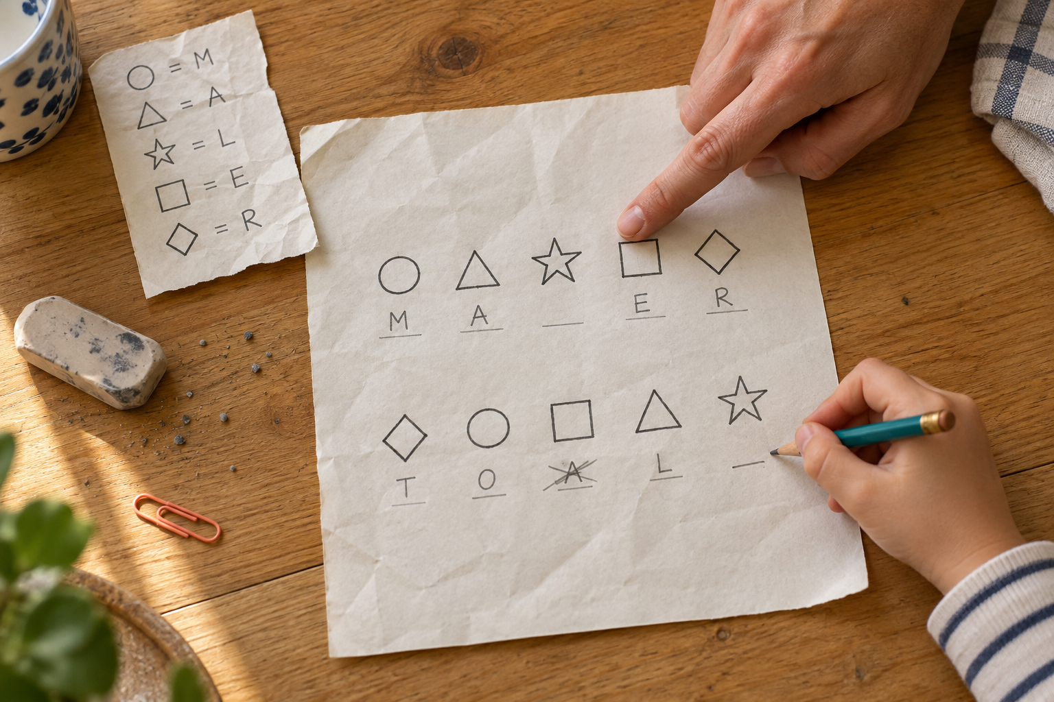 Kind und Erwachsener entschlüsseln ein Symbol-Code-Rätsel auf Papier
